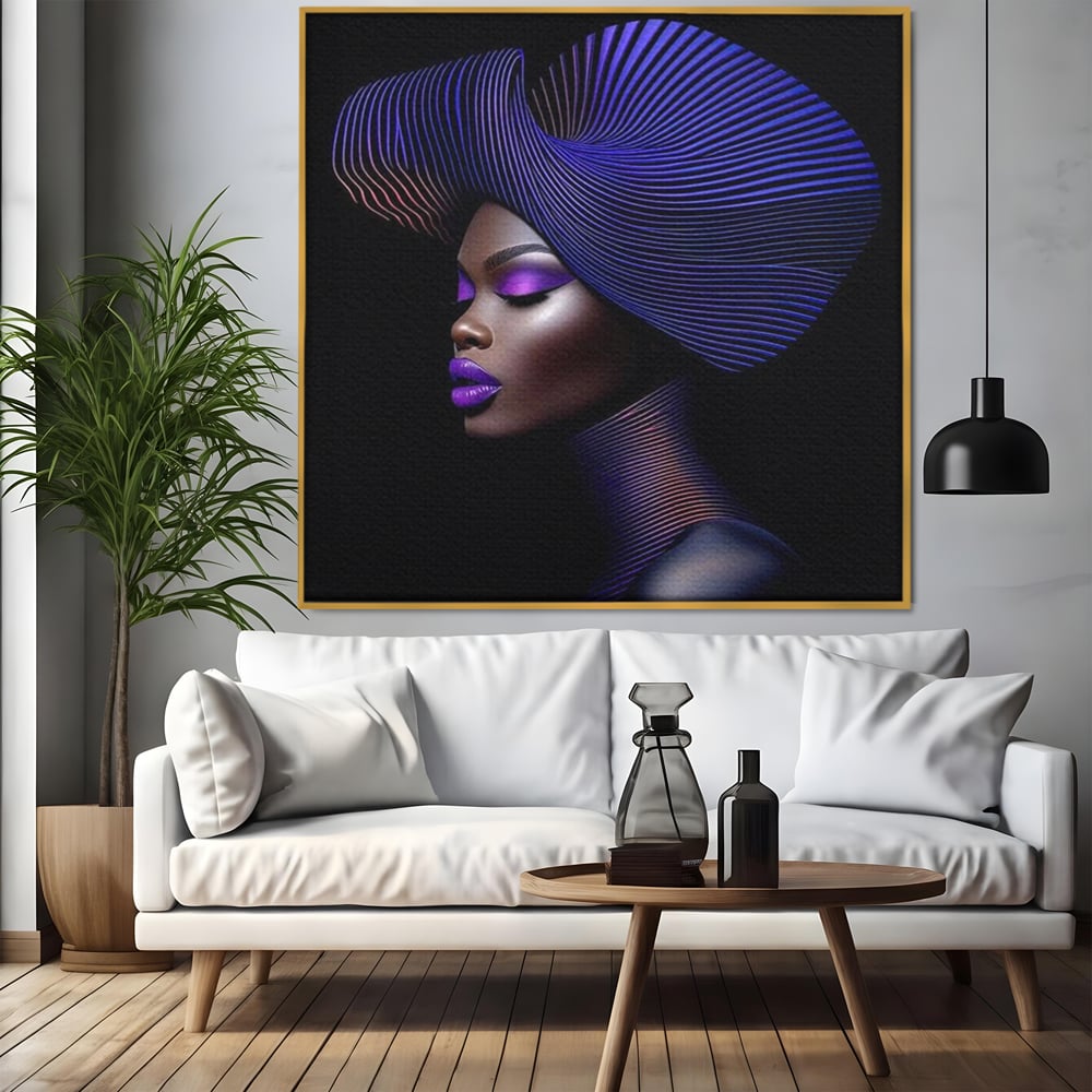 Tablou canvas cu portret digital de femeie cu fusta plisata, in rama de aluminiu auriu, pe perete intr-un living